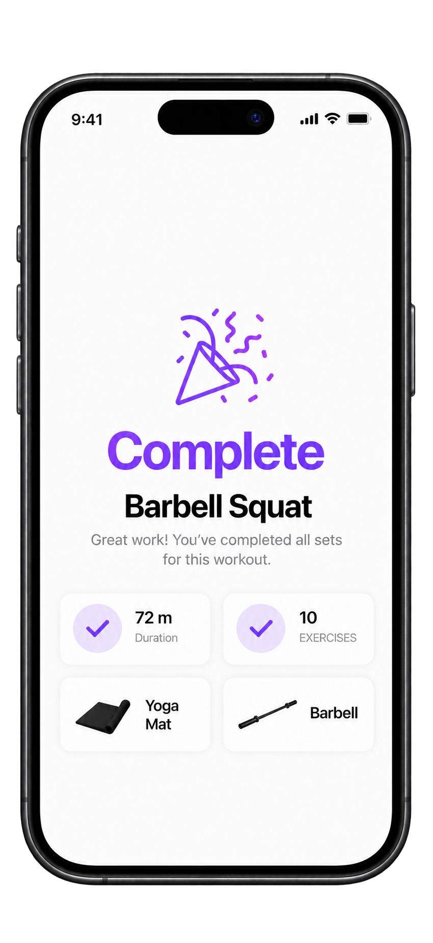 SuiFit Workout Complete Screen